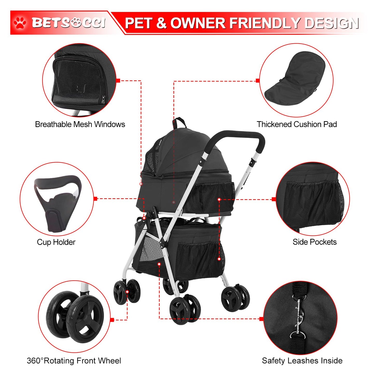 BETSOCCI Double Dog Stroller with 2 Detachable Carrier, Portable Pet Stroller for Small Dogs & Cats Folding Lightweight Puppy Travel Carriage, 4 Wheels, Black