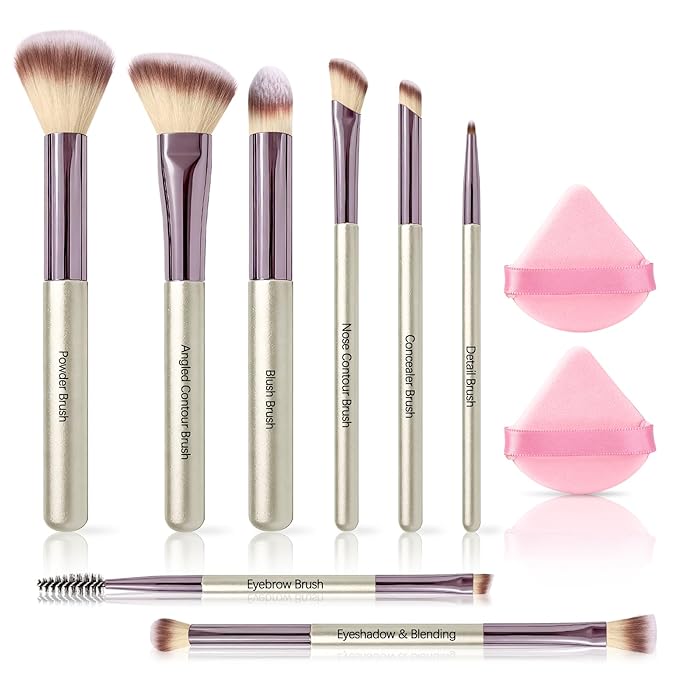 SOYOK Makeup Brush Set, Premium Synthetic Makeup Brushes with 2 Puffs, 8 Pcs Make up Brushes for Powder Concealers Eye Shadows Blush, Brush Kit with Gift Box for Beginners Professional Travel (Sliver)