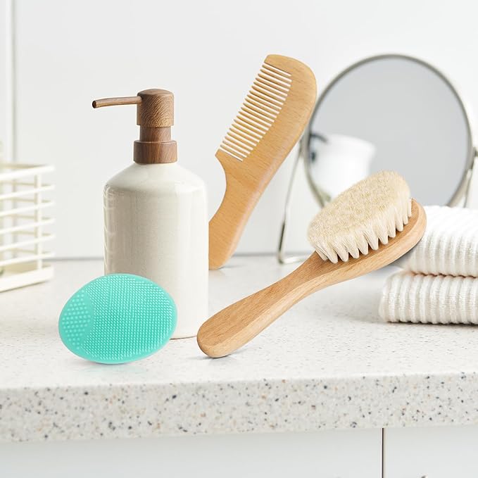 Baby Hair Brush with Wooden Handle and Comb Set for Newborns & Toddlers | Natural Soft Goat Bristles l Wood Comb l Green Cradle Cap Brush | Ideal for Cradle Cap (3 Piece)