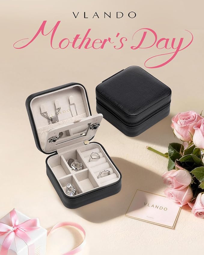 VLANDO Travel Jewelry Case, Mothers Day Mom Gifts, Small Jewelry Travel Organizer Box for Girls Women with Mirror Black