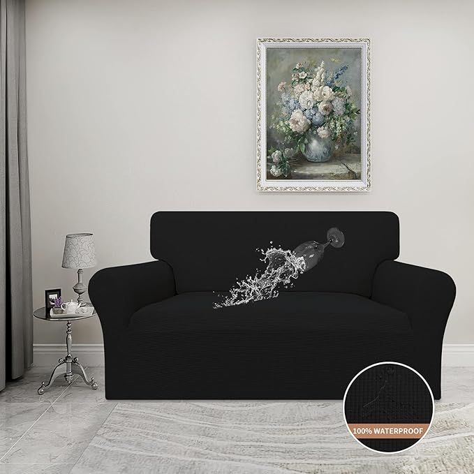Easy-Going 100% Waterproof Loveseat Couch Cover, Dual Waterproof Sofa Cover, Stretch Jacquard Sofa Slipcover, Leakproof Furniture Protector for Kids, Pets, Dog and Cat (Loveseat, Black)