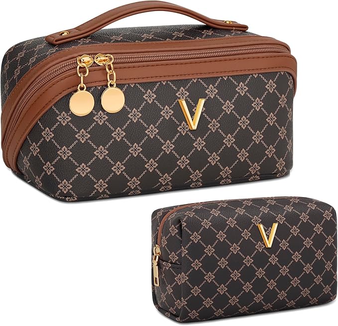 Birthday Gifts for Women Teen Girl, Personalized Initial Makeup Organizer Bag Set, Open Flat Travel Cosmetic Bag With Clear Divider and Handle(Coffee,V)