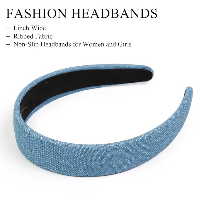 Huachi Headbands for Women Non Slip Trendy Denim Headbands for Women’s Hair 1 inch Wide Cute Headband for Girls, Vintage Head Bands Elastic Hair Bands Fashion Accessories for Women 4PCS