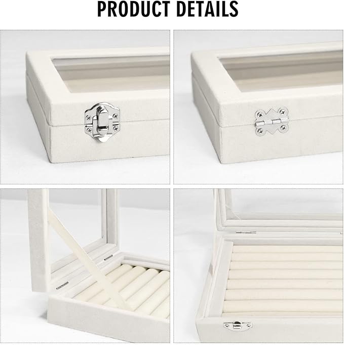Rings Organizer Tray 7 Slots Velvet Jewelry Earring Storage Box with Transparent lid Jewelry Display Case for Girls Wife Mom Women (Beige)