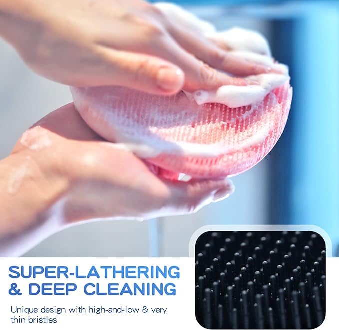 Manmihealth 4 Pack Soft Silicone Shower Brush, Super-Lathering and Deep-Cleaning Body & Face Scrubber, Gentle Exfoliating Bath Glove for All Skin Types, with Free Hooks (Black+Gray)*2
