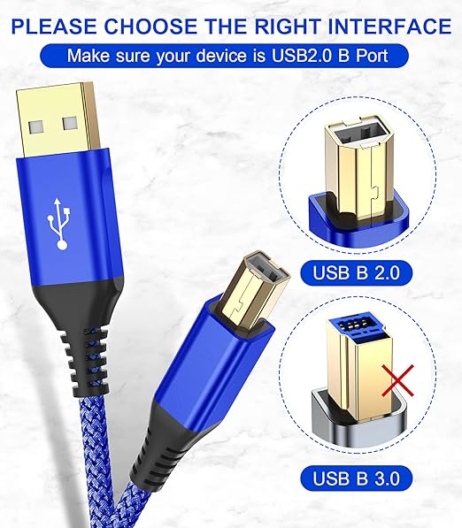 sweguard Printer Cable 10ft, USB 2.0 Printer Cable USB-A to USB-B Cable, High Speed Nylon Braided Scanner Printer Cord for HP Canon Dell Epson Brother Lexmark Xerox Samsung Piano DAC & More - Blue