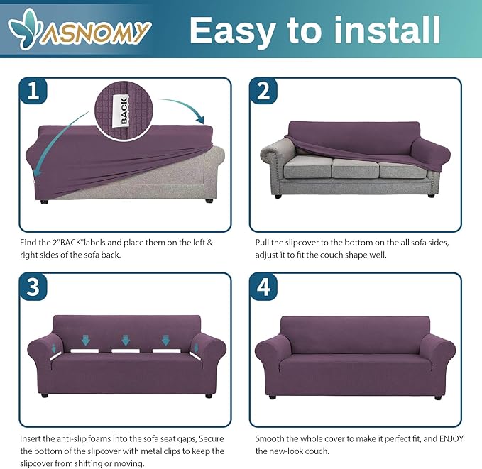Asnomy Couch Covers for 3 Cushion Couch Stretch Sofa Covers Slipcovers, Pet Protector Furniture Covers for Dogs Cats Spandex Jacquard Fabric Small Checks （Large，Gray Purple）