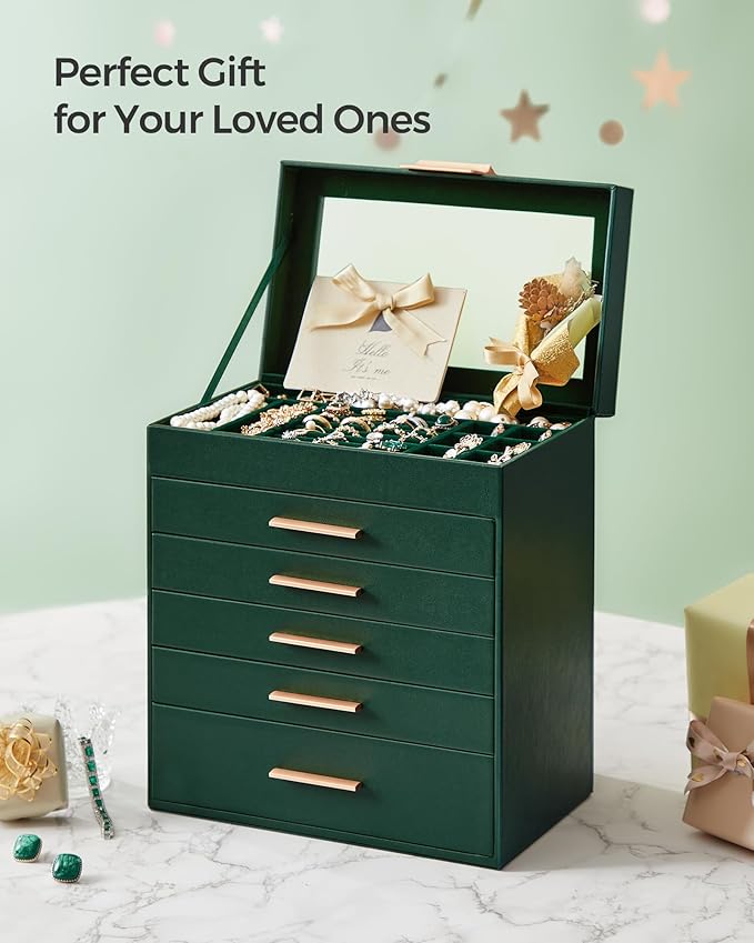 SONGMICS GISELLA Collection - Jewelry Box Organizer, 6-Layer Jewelry Storage with 5 Drawers, Shiny Metal Hardware, Glass Lid, Modern, 6.4 x 9.9 x 11.4 Inches, Forest Green and Gold Color UJBC171C01