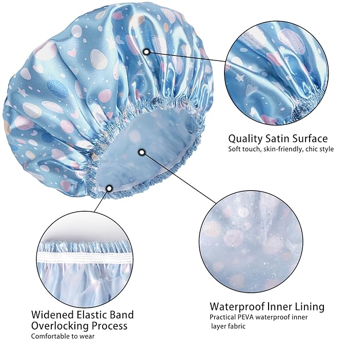 Shower Caps for Women, 4 PCS Elastic and Reusable Bath Caps, Double Layers Shower Cap Reusable Waterproof, Bathing Shower Caps, Environmental Bath Hair Protection Cap - Polka Dots