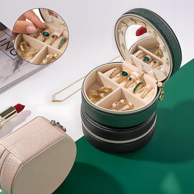 ProCase Travel Size Jewelry Box, Mini Portable Seashell-Shaped Jewelry Case with Mirror, 2 Layer Organizer in PU Leather for Women -Emerald