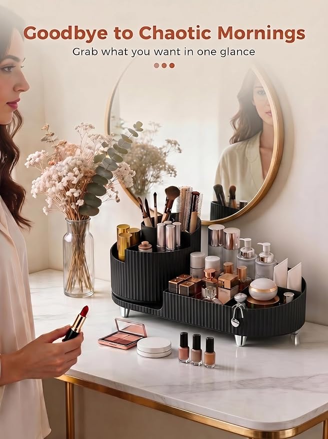 Booklov Rotating Makeup Caddy Organizer for Vanity, Large Capacity Cosmetic Display Case, Countertop Beauty Storage Holder for Skincare, Brush Eyeshadow Lipstick, Counter Desk Organization, Black