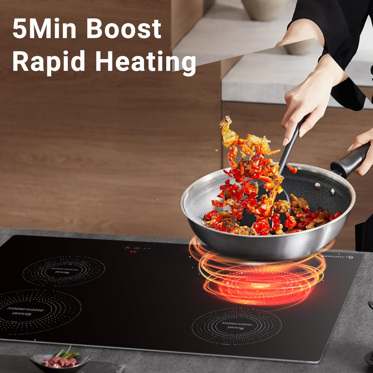 AMZCHEF Electric Cooktop 30 Inch with 4 BOOST Burners Bulid-in Induction Cooktop, 220V-240V/7200W 9 Levels Stove Control by Slide Touch, Child Safety Lock, Pause,Timer and Overheat Protection, No plug