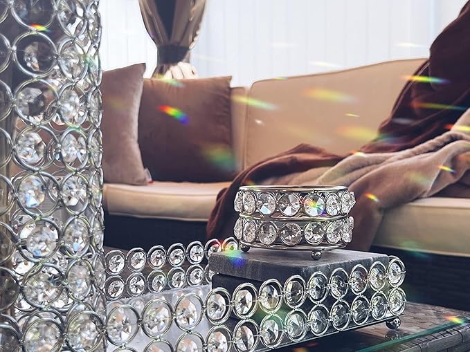 Feyarl Crystal Perfume Tray Cosmetic Vanity Makeup Tray Mirrored Jewelry Trinket Rings Earrings Organizer Storage Decorative Tray for Dresser Countertop Wedding Home Bathroom(13.7" x 7.87")