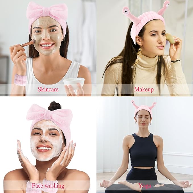 Spa Headband and Wristband Set Skincare Headband Makeup Headband Bowknot Snail Headbands Wrist Bands for Washing Face Cute Animal Face Wash Headband for Women Girls (Pink)