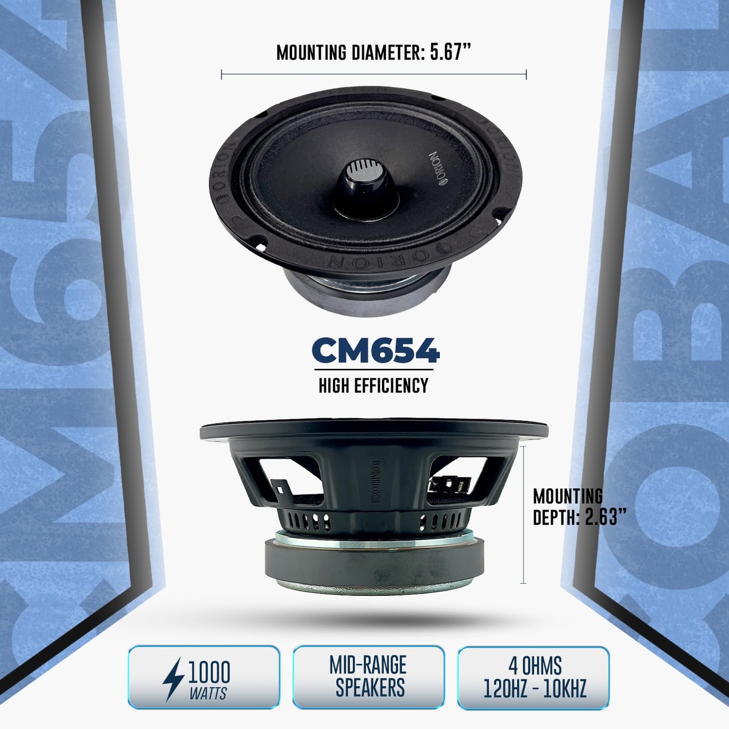 ORION Cobalt CM654 High Efficiency 6.5" Mid-Range Bullet Loudspeakers, 1000W Max Power, 250W RMS, 4 Ohm, 1.5" Voice Coil - Pro Car Audio Stereo, Midrange Speakers (Pair)
