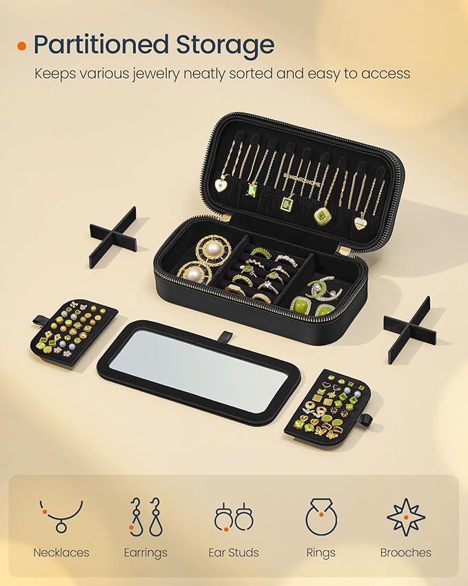 SONGMICS HOME Travel Jewelry Case, Travel Jewelry Box Organizer with Mirror, 4.1 x 8 x 2.4 Inches, Stitching, Portable, Gift Idea, Ink Black UJBC180B01