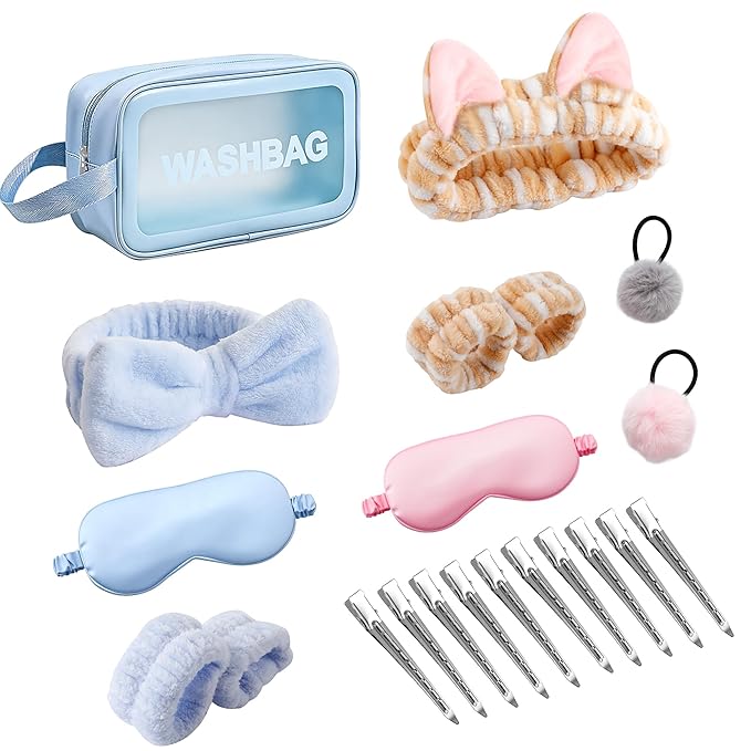 21PCS Spa Headband and Wristbands Set for Women Girls, Styling Hair Clips, Makeup Skincare Headbands with Fluffy Bows Cat Ears, Silk Sleep Eye Mask, Cute Hair Accessory Birthday Gifts for Her