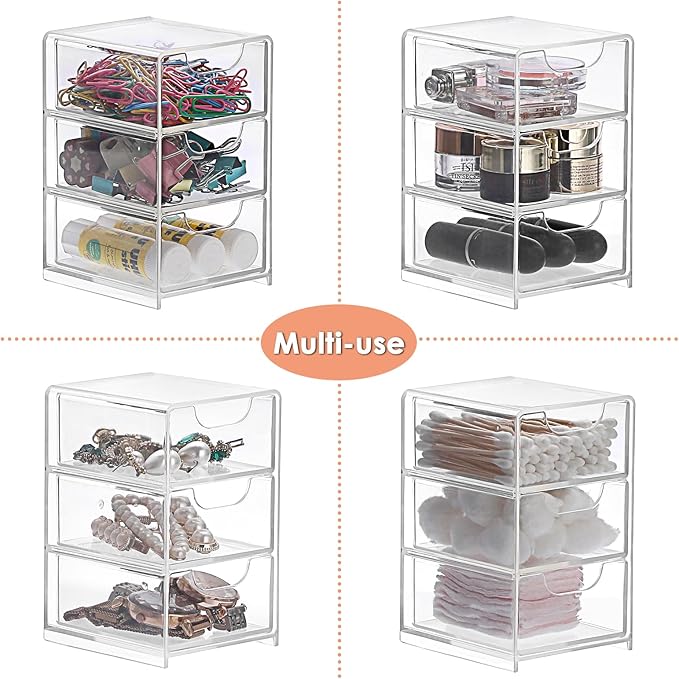BTSKY 1 Pack Small Acrylic Storage Organizer with Drawers, 3-Layer Clear Desktop Organizer for Office Supplies Mini Storage Box with Drawers for Desk, Desktop Makeup Drawer Jewelry Storage Box