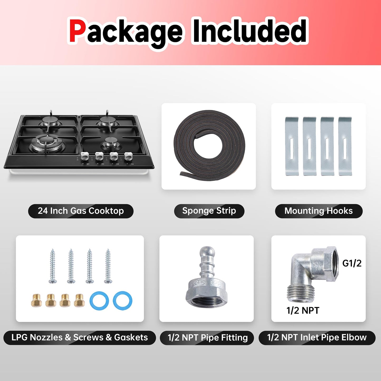 Gas Stove Top 24 inch Eascookchef, 24 inch Gas Cooktop 4 Burner, Bulit-in Stove Top NG/LPG Convertible, Upgrade Black Enamel Propane Cooktop with Thermocouple Protection