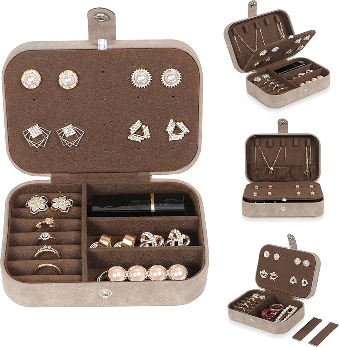 Hatori Travel Jewelry Box, PU Leather Small Jewelry Organizer for Women Girls, Portable Mini Travel Case Display Storage Holder Boxes for Stud Earrings, Rings, Necklaces, Bracelets (Brown)
