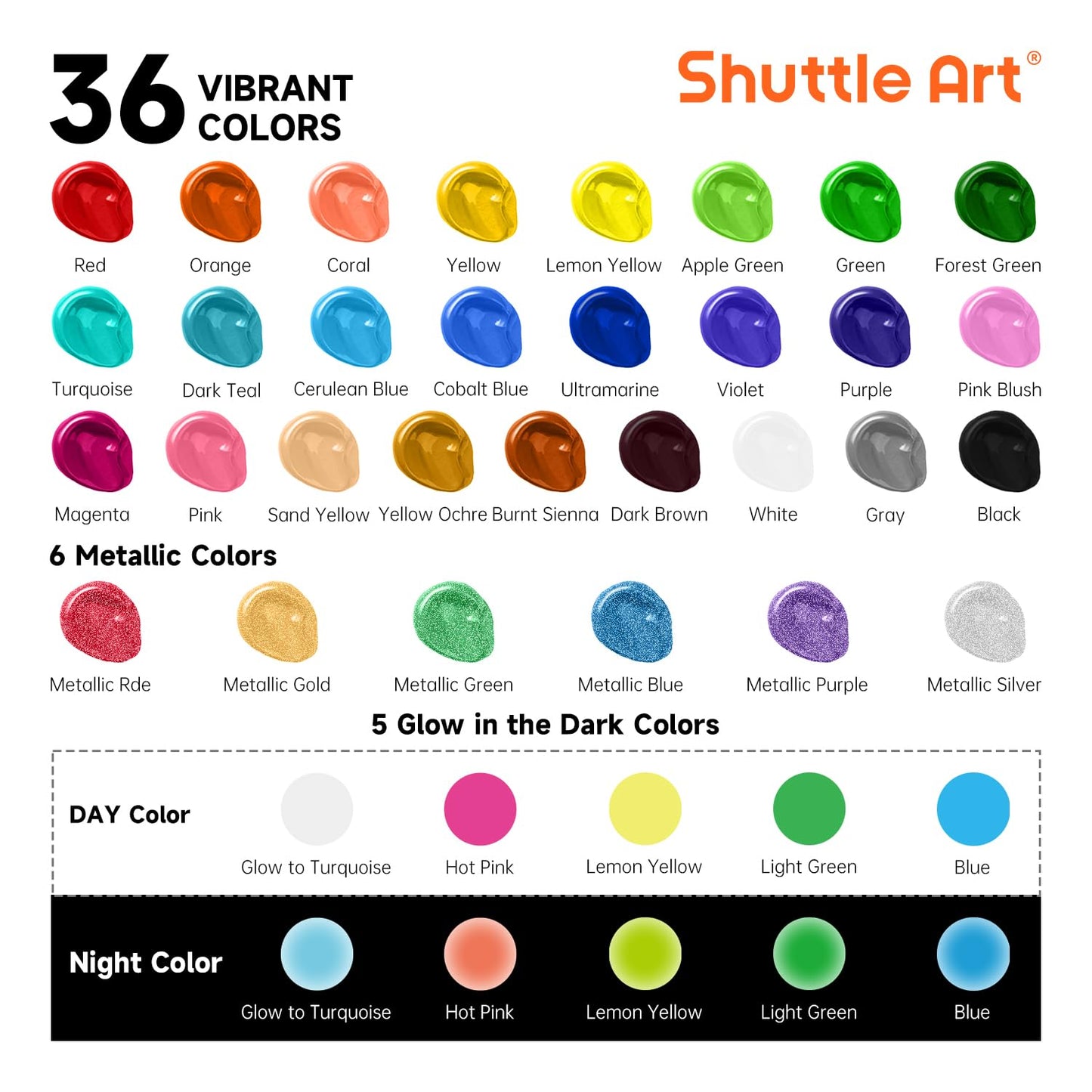 Shuttle Art Outdoor Acrylic Paint Set, 36 Colors 2oz/60ml Waterproof Acrylic Paint with 10 Brushes 1 Palette, Rich Pigmented Paints for Artists, Beginners on Rocks, Wood Crafts, Garden Statues