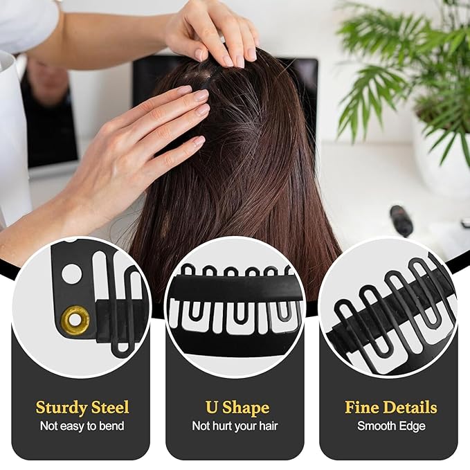 50Pcs 32mm Hairpieces Snap Clips U Shape Wig Clips for Hair Extensions Making Wig Accessories Set Tools (Black)