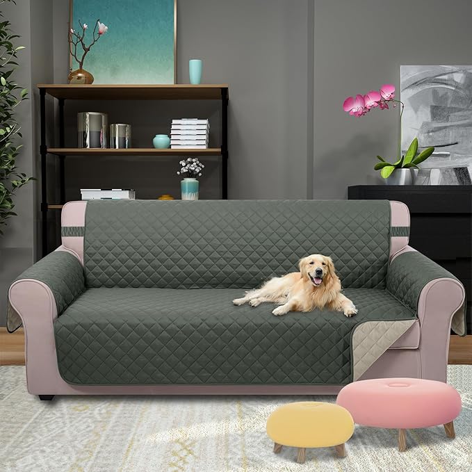 U-NICE HOME Reversible Sofa Cover Couch Cover for Dogs with Elastic Straps Water Resistant Furniture Protector for Pets for 3 Cushion Couch (Sofa, Grey/Beige)