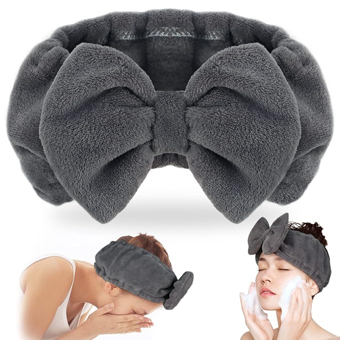 Shintop Makeup Headband Soft Carol Fleece Spa Headband with Cute Bow Elastic Headwear for Washing Face Skincare Facial Mask ShowersÃ¯Â¼ÂGreyÃ¯Â¼Â