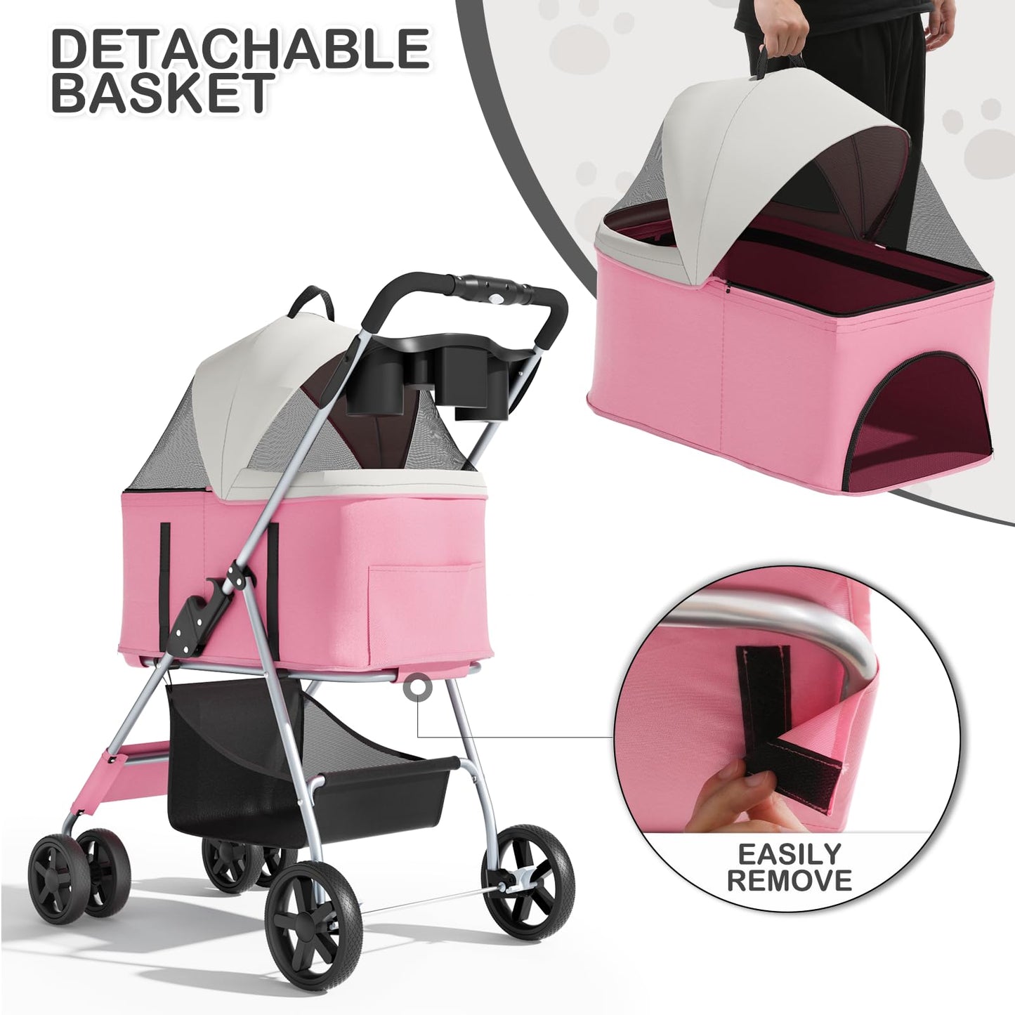 MoNiBloom 3 in 1 Foldable Pet Stroller for Small & Medium Dogs, Detachable Carrier, Car Seat, Push Button Entry, 4-Wheel Jogger for Pets up to 33 lbs, Pink