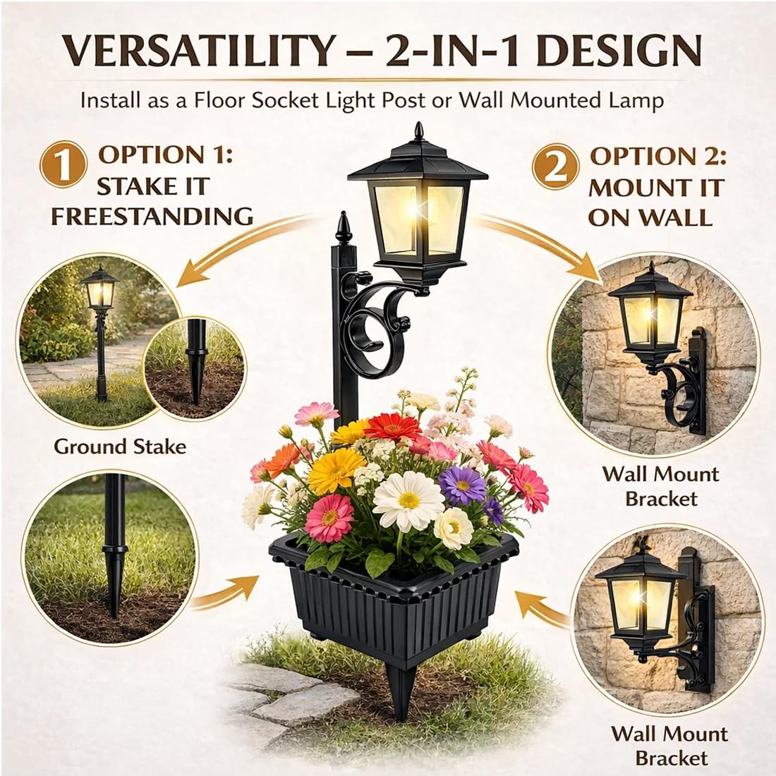 keckaky 2-in-1 Solar Post Light with Planter for Real Or Fake Flowers, 2026 New Solar Lamp Post - Wall Mount Or Freestanding, 3000K Solar Lamps Outdoor Waterproof, for Lawn, Patio, Front/Back Door