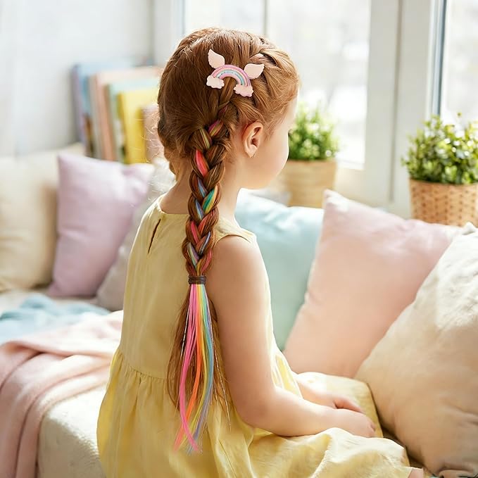 Little World Hair Clips for Girls, 6 Pcs Rainbow Hair Extensions, Unicorn Hair Clips for Girls Toddler Kids Ponytails, Hand-made Cute Glitter Hair Accessories