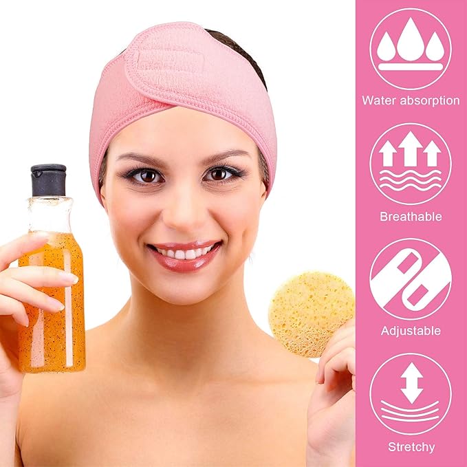 Whaline Spa Facial Headband Make Up Wrap Head Terry Cloth Headband Adjustable Towel Band for Face Washing Shower Facial Cover, 3 Pieces (White, Pink, Rose Red)