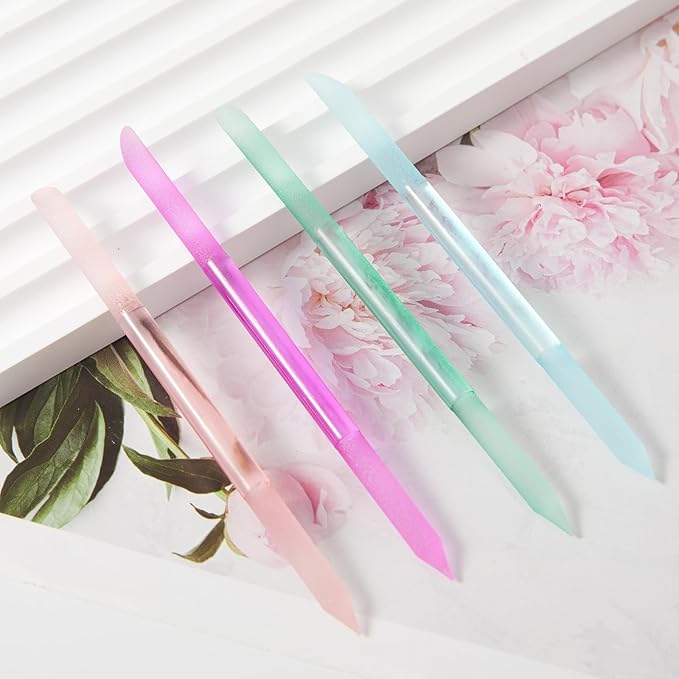 JERCLITY 4 Pieces Double-Ended Glass Nail Files Glass Cuticle Pusher Cuticle Stick Set Nano-Frosted Nail Polished Crystal Glass Rod Manicure Pedicure Pusher Tools(Peach Pink/Purple/Cyan/Green)