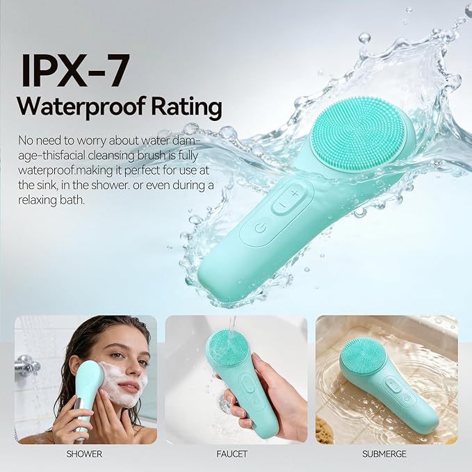 Rechargeable Silicone Facial Cleansing Brush for Women & Men - 5 Modes Waterproof Face Scrubber with Heat Massage, Deep Cleansing & Exfoliating Electric Face Brush (Green)