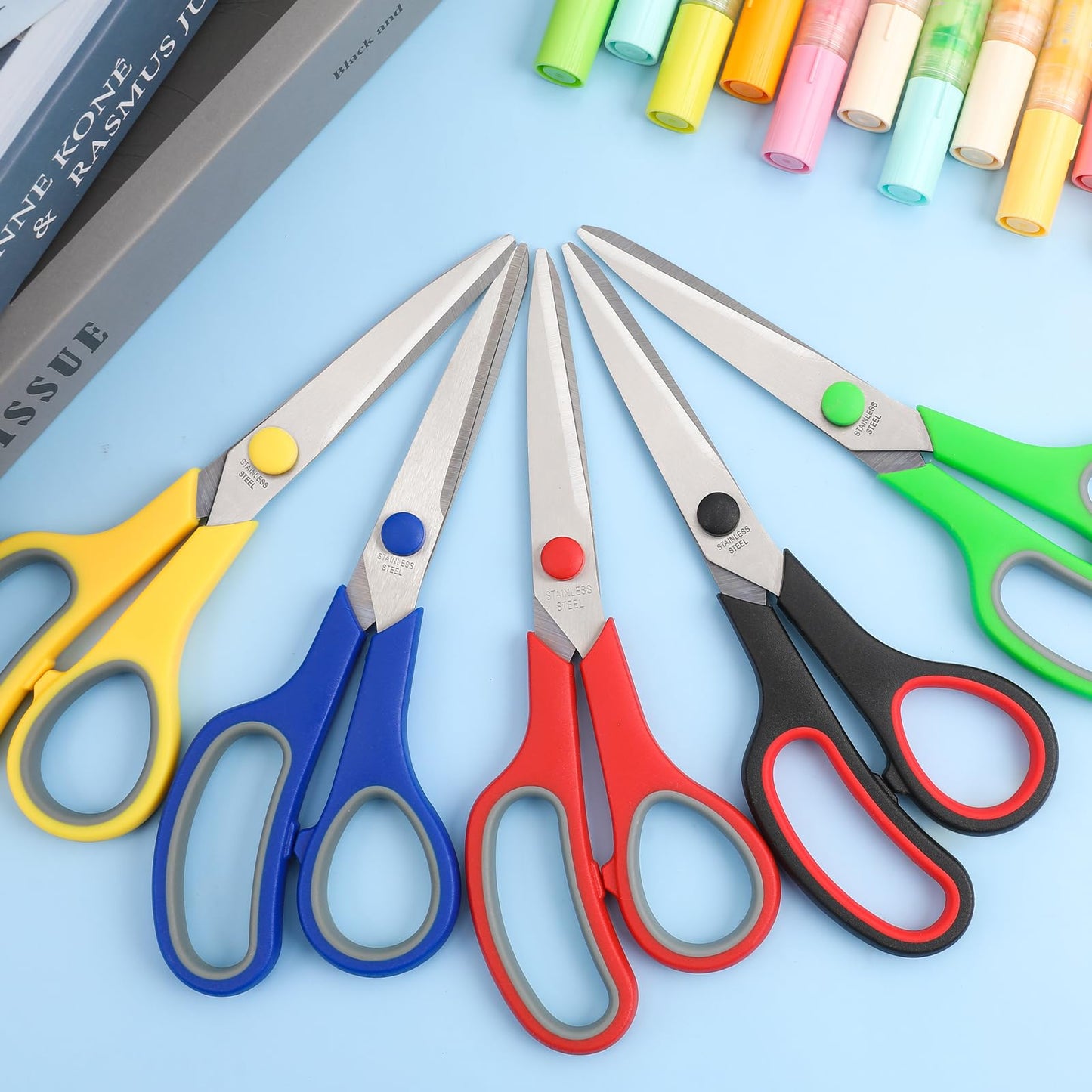 BURVAGY 24-Pack 8" All Purpose Heavy Duty Sharp Scissors Bulk for Office School Home Stainless Steel Blades Safety Soft Grip Handles,Right/Left Handed Scissors