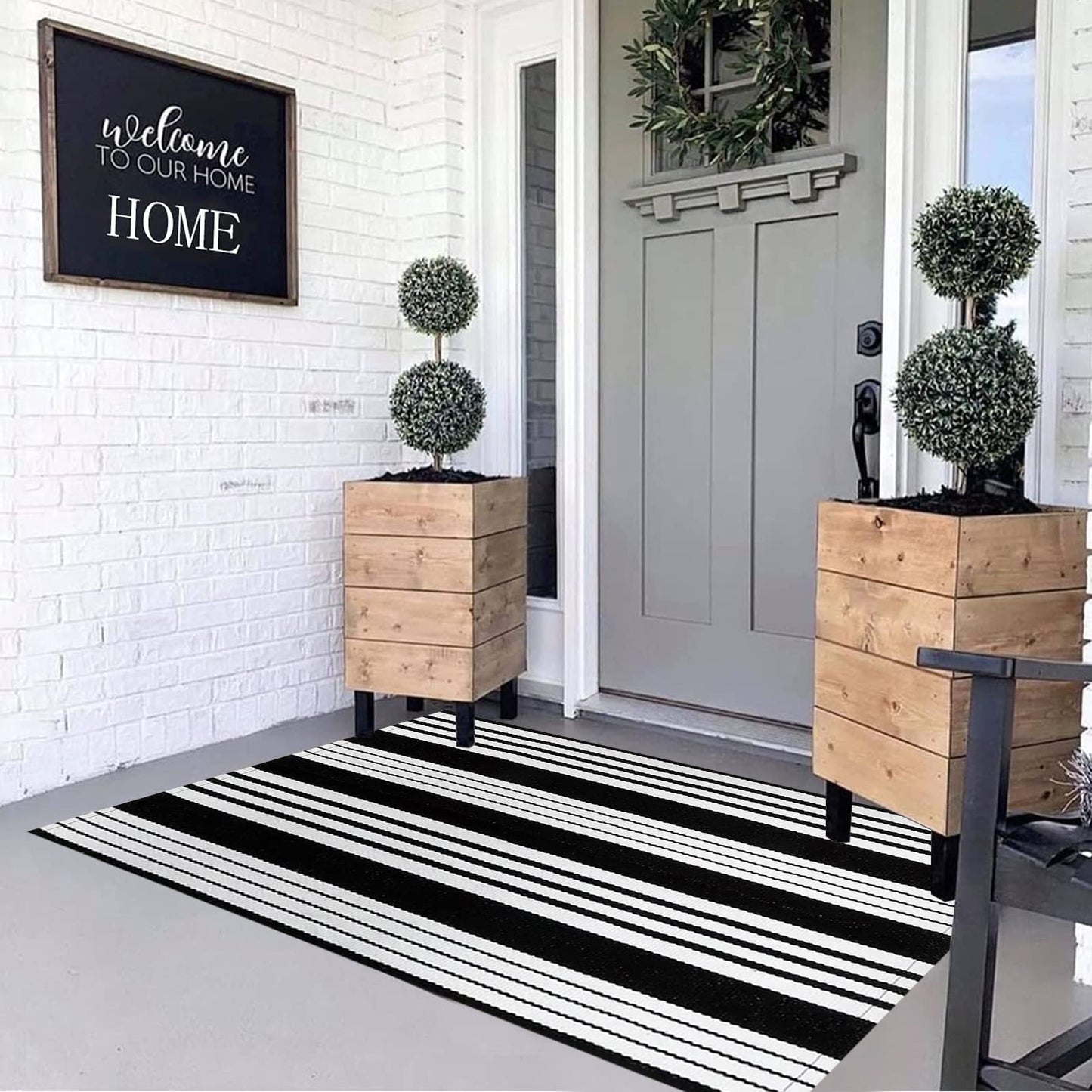 BUAGETUP Black and White Outdoor Rug 3'x 5' Cotton Woven Washable Rug Striped Front Porch Rug Area Rug Floor Mat for Farmhouse/Layered Door Mats/Living Room