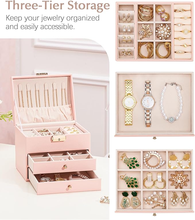 Homde Girls Jewelry Box with Lock: 3 Layer Organizer with Removable Tray - Storage for Ring Necklace Earring - Birthday & Return Gifts for Young Women (Blush Pink)