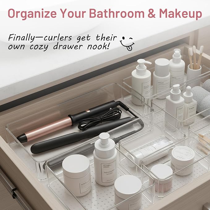 12 Pack Large Drawer Organizer Bins - Clear Plastic Bathroom Drawer Organizer Trays - Heavy Duty Kitchen Drawer Dividers for Utensils - Non-Slip Storage Bins for Makeup, Bedroom, Office Desk