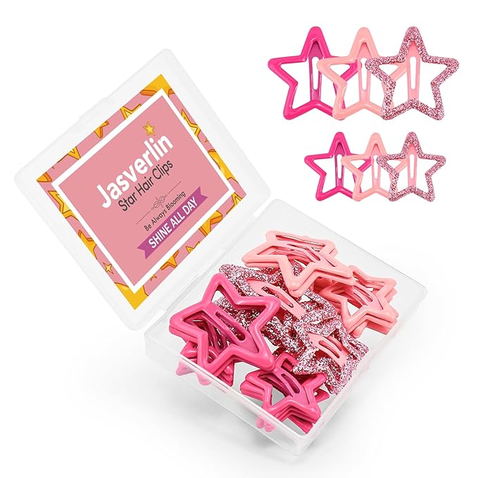 36 Pcs Star Snap Hair Clips, Y2k Colorful Cute Barrettes for Women Girls, Thick Fine Non-Slip Hairclips Accessories Glitter Kawaii Rave Assorted Size Style (Pink)