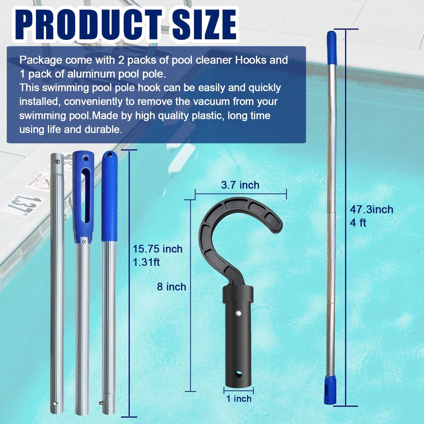 Hook for Robotic Pool Cleaner with Adjustable Aluminum Pool Pole, Accessories Hooks with 5.2 Feet Pole for All Pool Vacuum Robot Including Cordless,2PCS Hooks and 1 Pool Pole