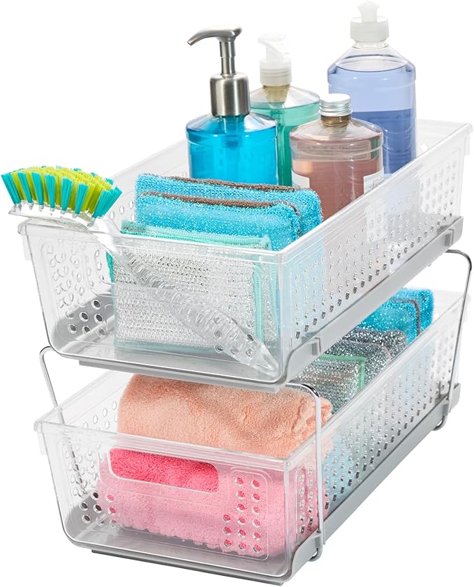 madesmart 2 Tier Bath Organizer,Undersink Storage with Sliding Drawers,for Cleaning Supplies,Pantry,Sponges,Bottles&Kitchen Essentials,Adjustable Dividers&Pull Out Sliding Baskets,Frost,(Pack of 2)