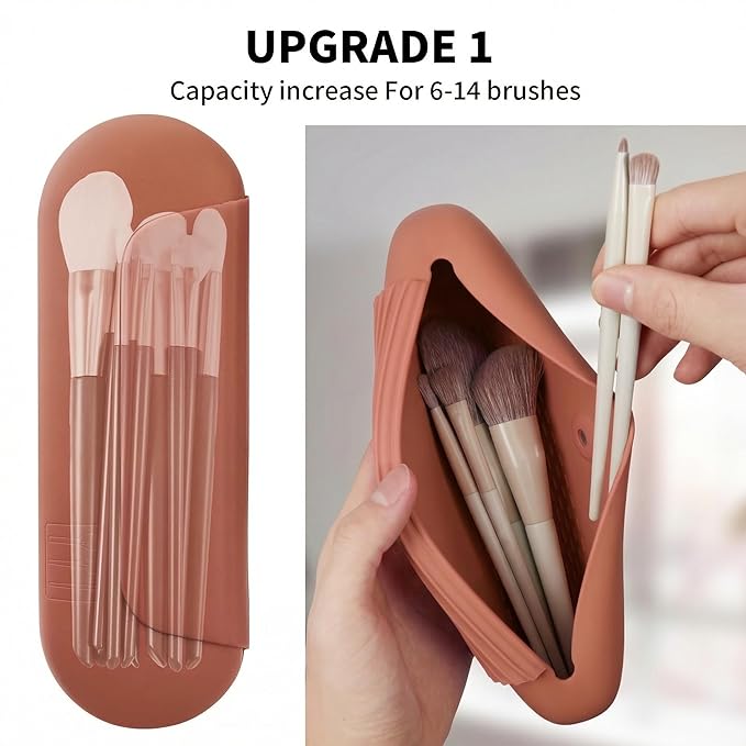 Silicone Makeup Brush Holder Travel Cosmetic Bag：Soft Portable Cosmetic Face Brushes Holder with Upgrade Anti-Fall Out Magnetic Closure, Large Travel Makeup Brush Case - Brown