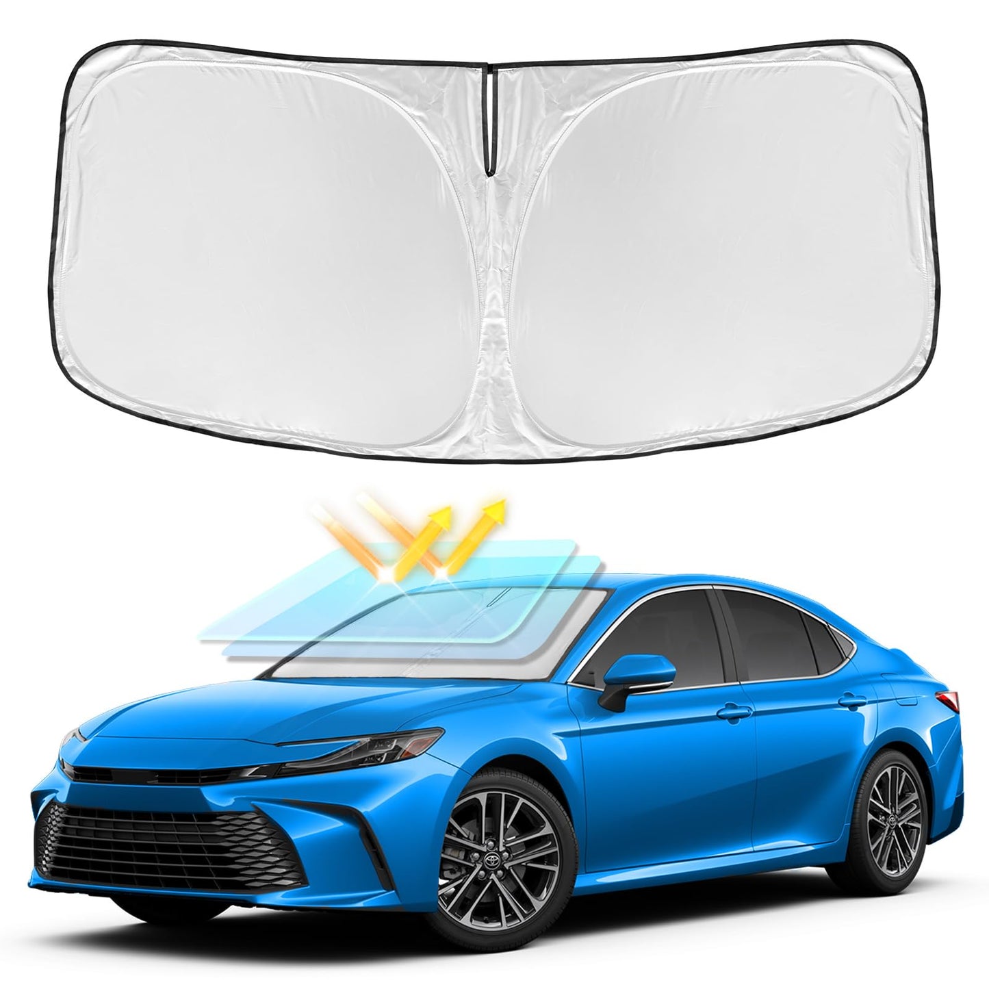 Windshield Sun Shade for Toyota Camry 2025 2026 LE XLE Hybrid SE XSE - 4 Layers Car Sunshades for Front Windows Shade Cover Custom Fit Camry Sun Visor 250T Retractable Blocks Shade UV Rays Accessories