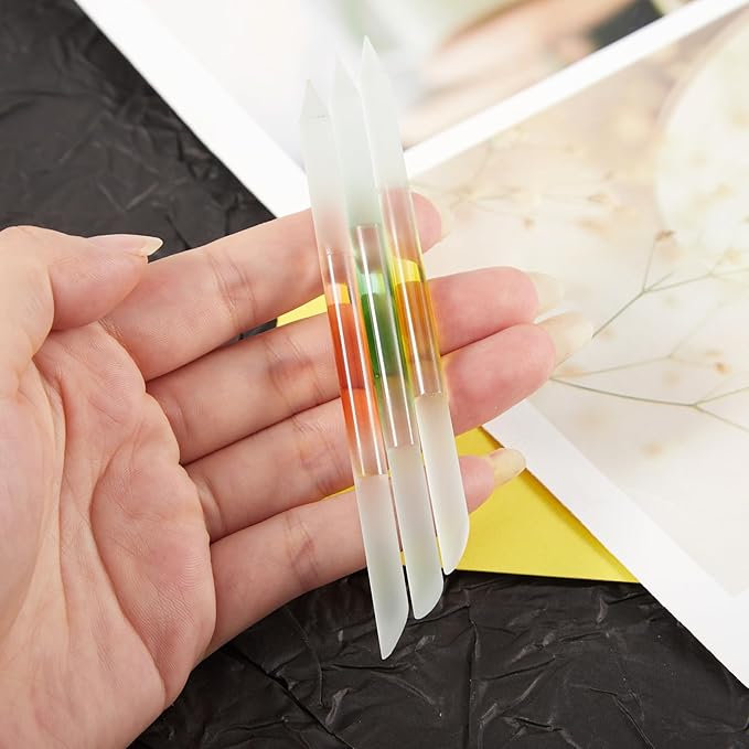 JERCLITY 3 Pieces Double-Ended Glass Nail Files Cuticle Pusher Cuticle Stick Set Nano-Frosted Nail Polished Crystal Glass Rod Manicure Pedicure Pusher Tools(Orange/Yellow/Green)