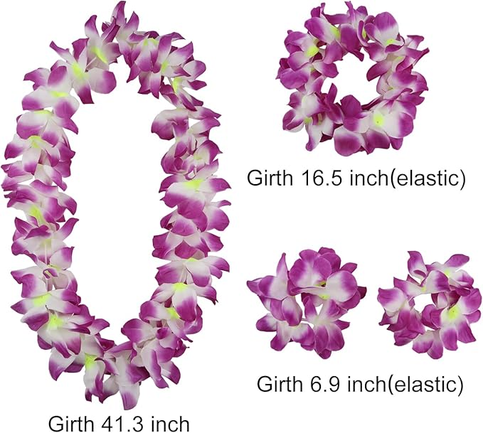 Hawaiian Leis Set,Hawaiian Luau Flower Leis Necklace Headband Bracelets Set,Essential Party Decorations for Birthday, Graduation, and Wedding Celebrations (Purple)
