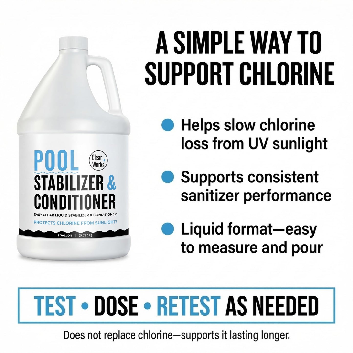 Clear Works, Pool Stabilizer - Cyanuric Acid Pool Stabilizer, Liquid Chlorine Stabilizer for Pool Chemicals, Swimming Pool Conditioner Stabilizer, for Salt Pool & Chlorine, 1 Gallon