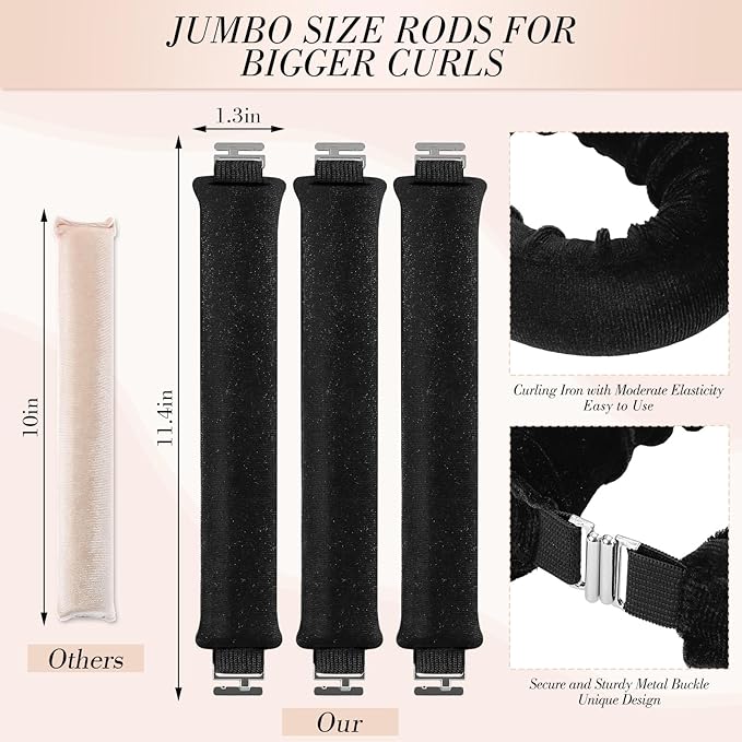Heatless Curlers, Heatless Curls Overnight Set for Women, No Heat Hair Curlers to Sleep In, Jumbo Overnight Curls with Blowout Rods for Long Hair (Black, 3 Pack Curling Rod with 1 Scarf)