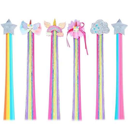 Little World Hair Clips for Girls, 6 Pcs Rainbow Hair Extensions, Unicorn Hair Clips for Girls Toddler Kids Ponytails, Hand-made Cute Glitter Hair Accessories