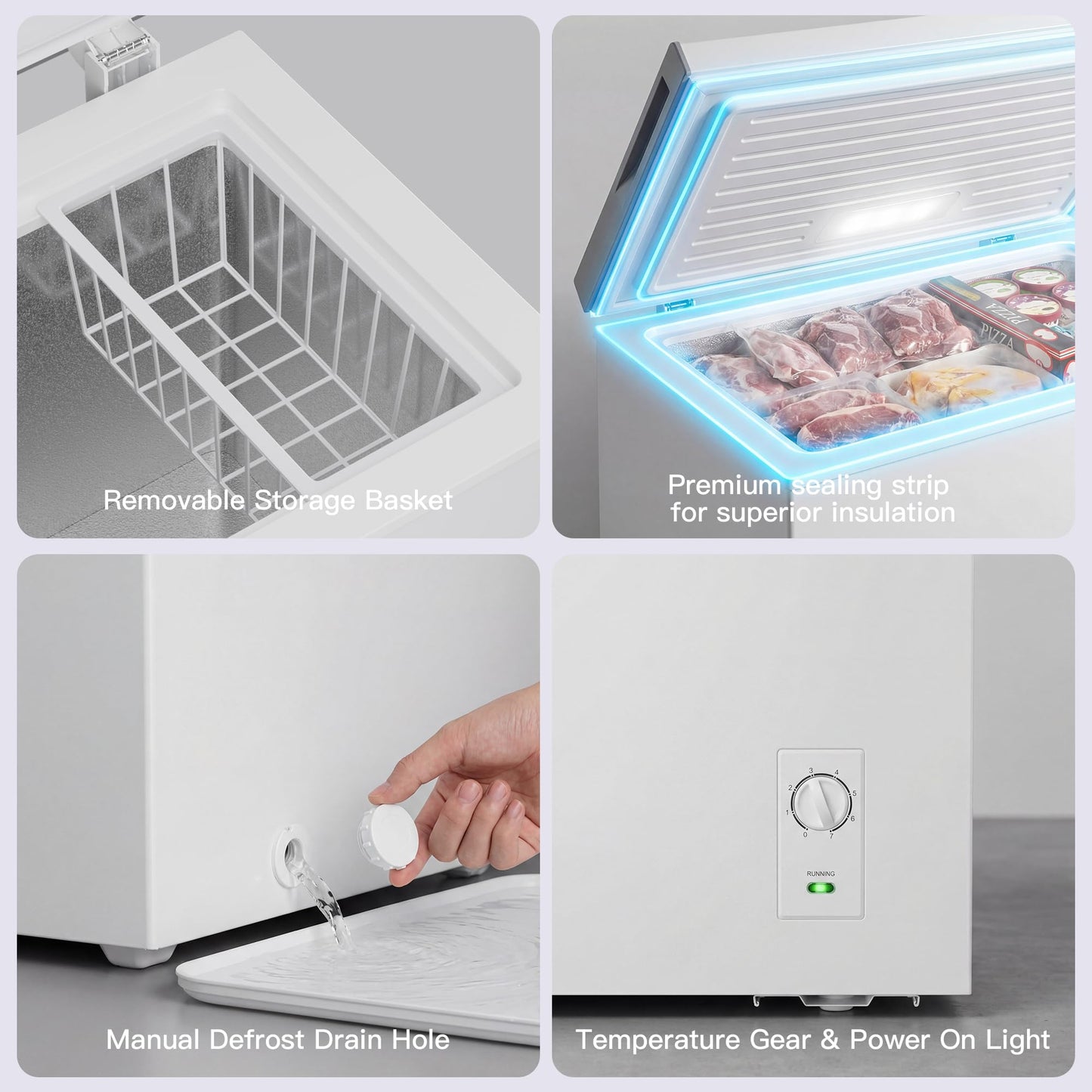MEPTY 3.4 Cu.Ft Chest Freezer,Top Open Door Small Deep Freezer with 2 Removable Baskets,7 Adjustable Thermostat,Built-in LED Light,Quiet Energy Saving Freezers for Home,Kitchen,Garage Use