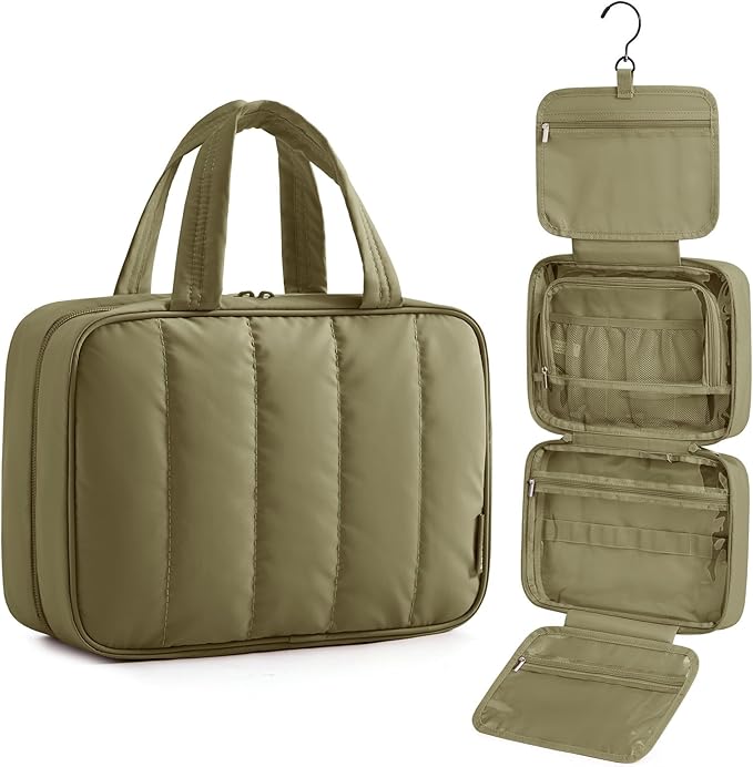BAGSMART Travel Toiletry Bag for women, Portable Hanging Hook Makeup Bag Organizer, Waterproof Makeup Cosmetic Bag, for Full-Size Accessories, Toiletries,Olive green